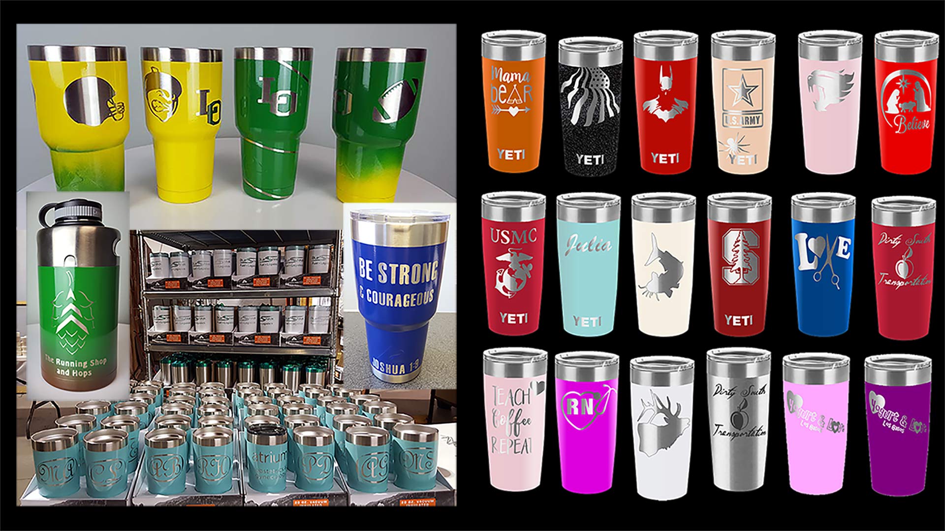 Custom colored powder coated Yeti Rambler Tumblers and Ozark Trail Tumblers.  Our new online designer allows you to create and customize a unique Tumbler or Growler with beautiful color, a company logo or design, a personalized monogram or your favorite saying | www.AmazinTumbler.com